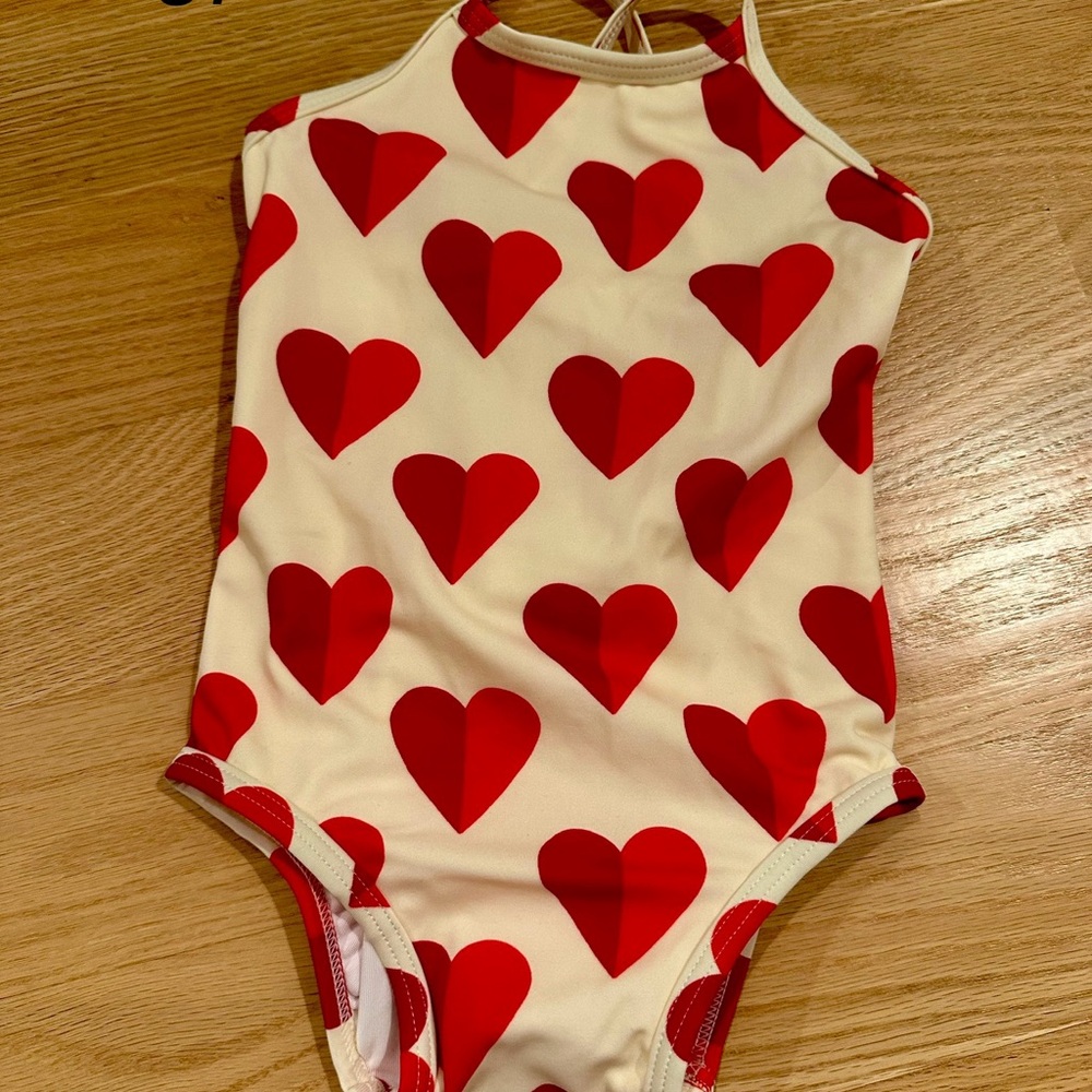 Hanna Andersson Cream and Red Heart Kids Swim One Piece 80/18-24 months